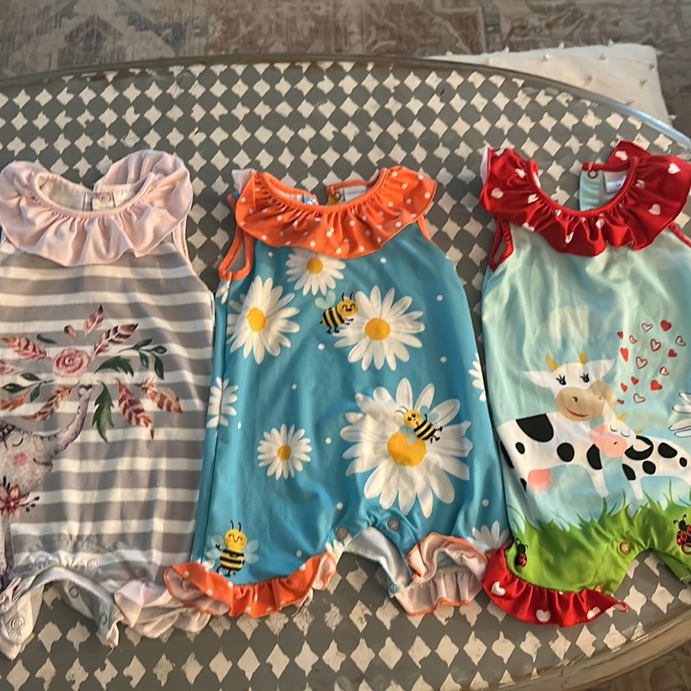 Set of 3 Baby rompers, ruffle with snap crotch and back. Penelope Plum size 3M.